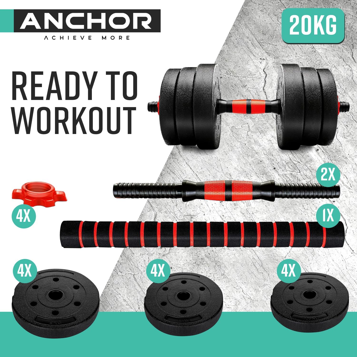 Anchor Adjustable Dumbbells Set 10kg 20kg 30kg – 2 in 1 Barbell & Free Weights for Men & Women, Home Gym Fitness, Bodybuilding & Strength Training Equipment