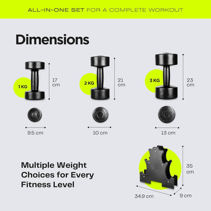 Straame Dumbbell Set with carry Rack - Hand Weights for Men & Women - 1kg, 2kg, 3kg Tree Set for Home Workout, Strength Training & Fitness – Durable, Easy to Use