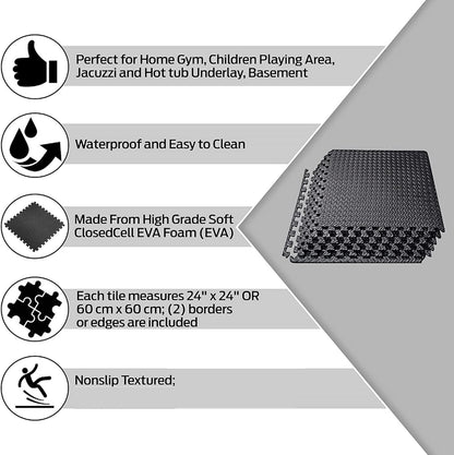 Soft Foam Exercise Floor Mats, Interlocking Puzzle EVA mat tiles For Gym, Garage, Home, Office, Workouts, Yoga, Kids Play, Weights and workout Studio - 60 x 60cm