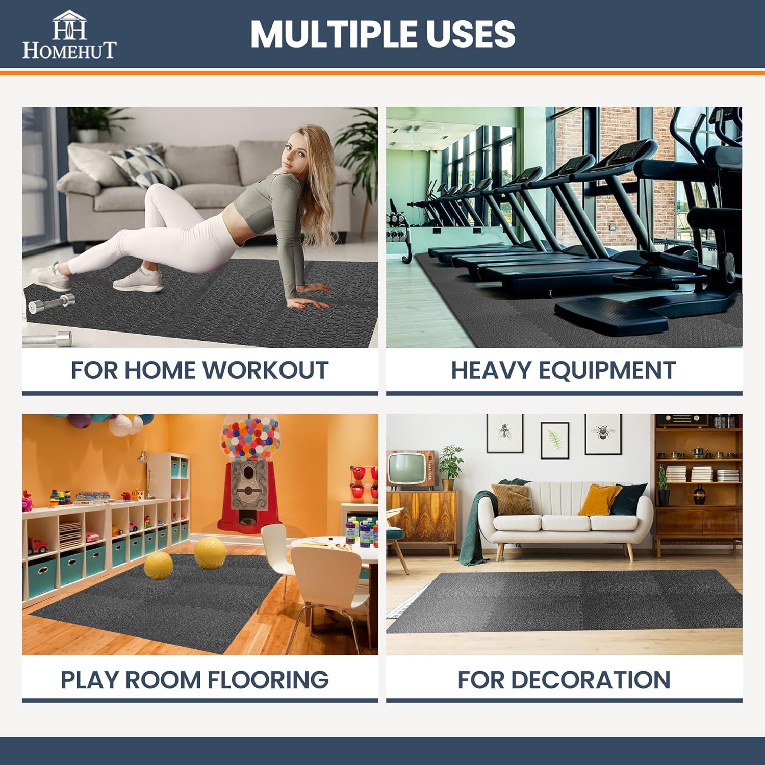 Soft Foam Exercise Floor Mats, Interlocking Puzzle EVA mat tiles For Gym, Garage, Home, Office, Workouts, Yoga, Kids Play, Weights and workout Studio - 60 x 60cm